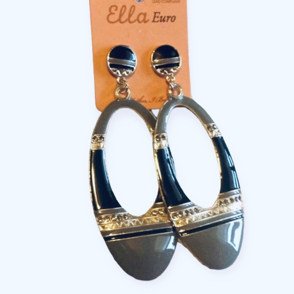 NEW Gray Loop Rhinestone Striped Statement Earrings Drop Gold Tone Fashion - Picture 2 of 4